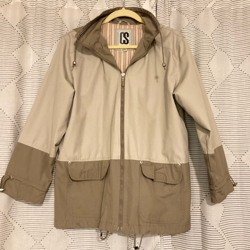 “CS signature,” beige, light-weight coat.
